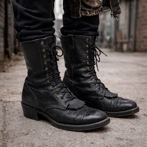 Double H Packer Boots Lacer Mens 10B Black Leather Western Cowboy Kiltie Packer